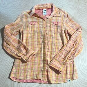 North Face Women's Yellow Plaid Button-Up Shirt Medium